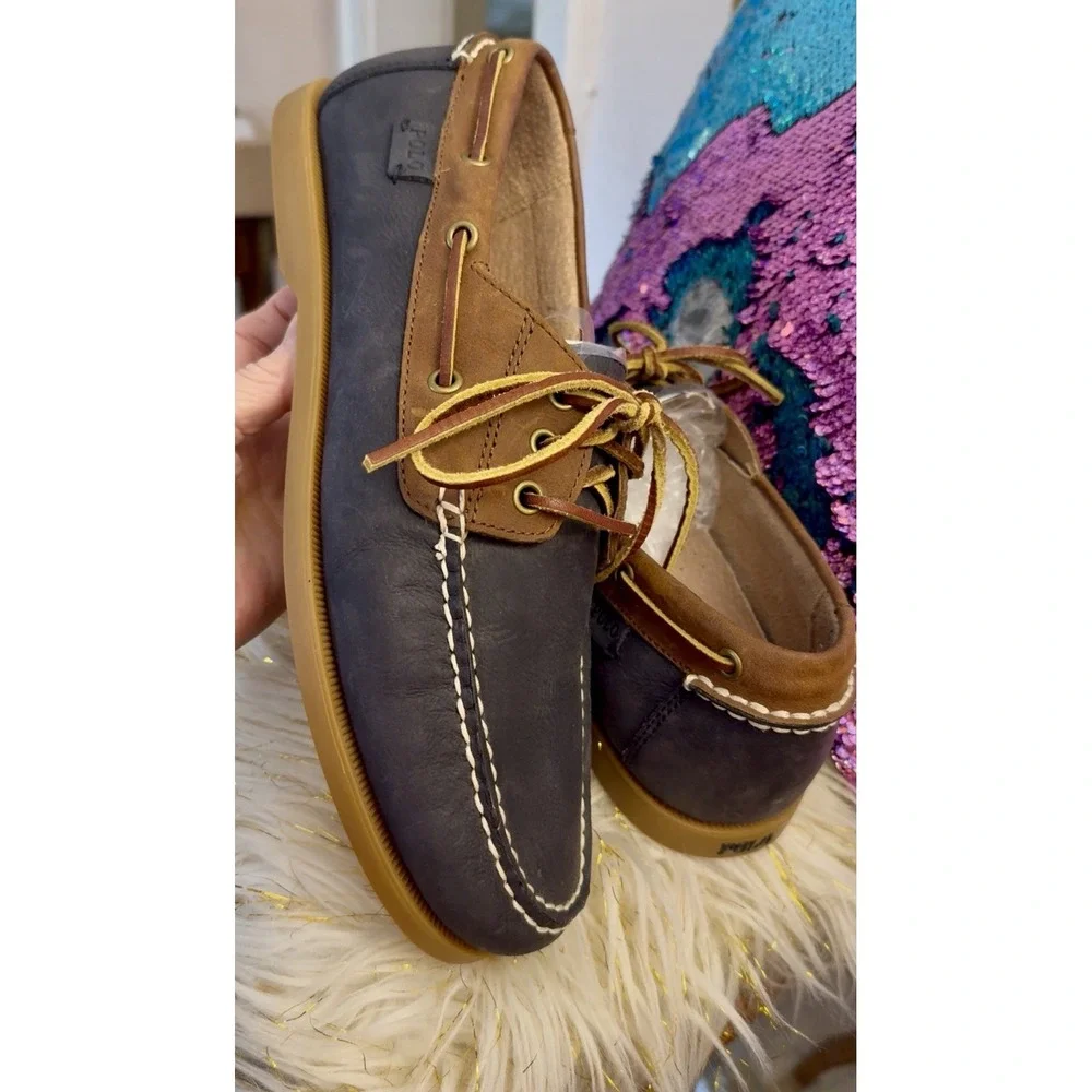 POLO Ralph Lauren BIENNE II Leather Boat Fisherman Shoe Blue Brown Men 12 Photos